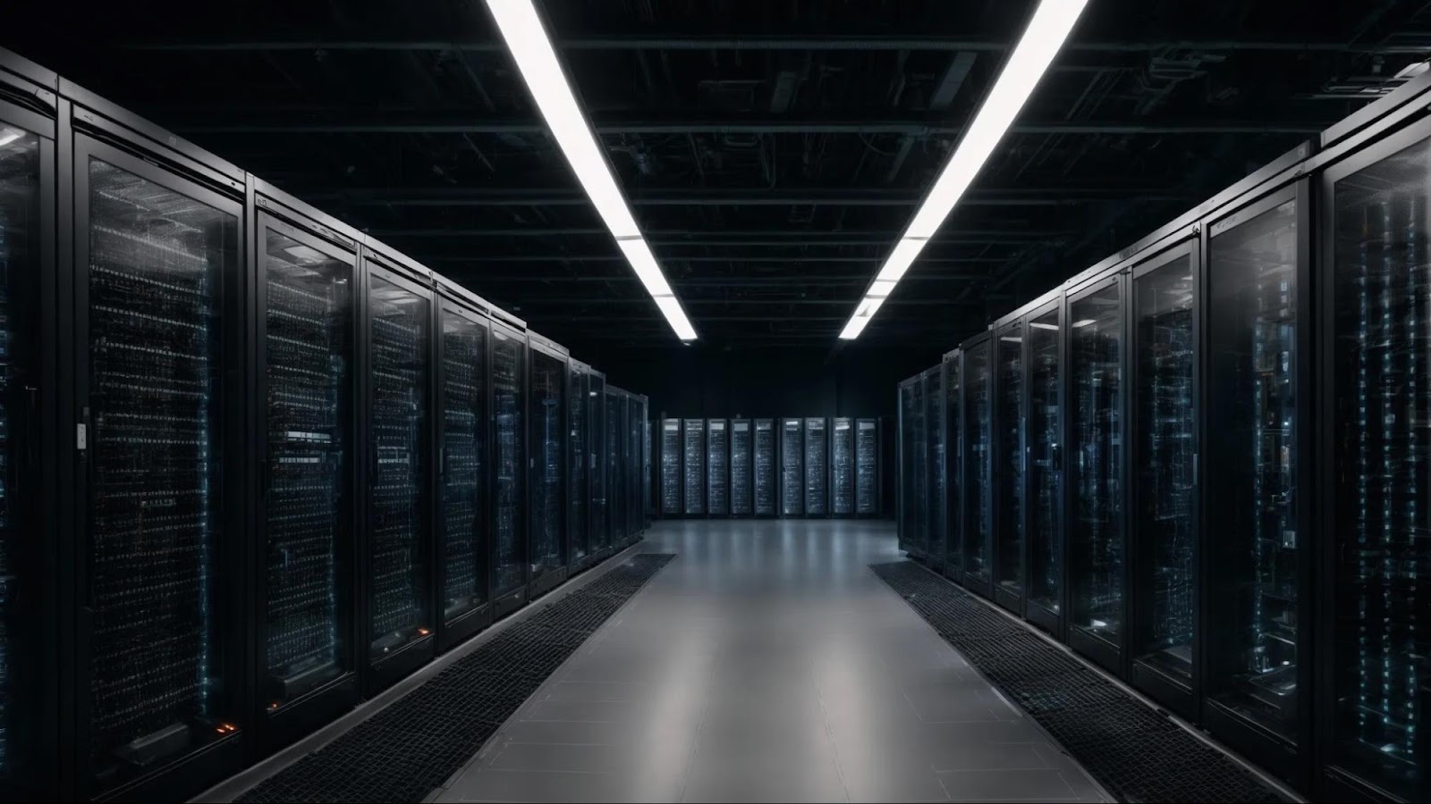 a vast server room with aisles of data storage units indicating the infrastructure for scalable web hosting.